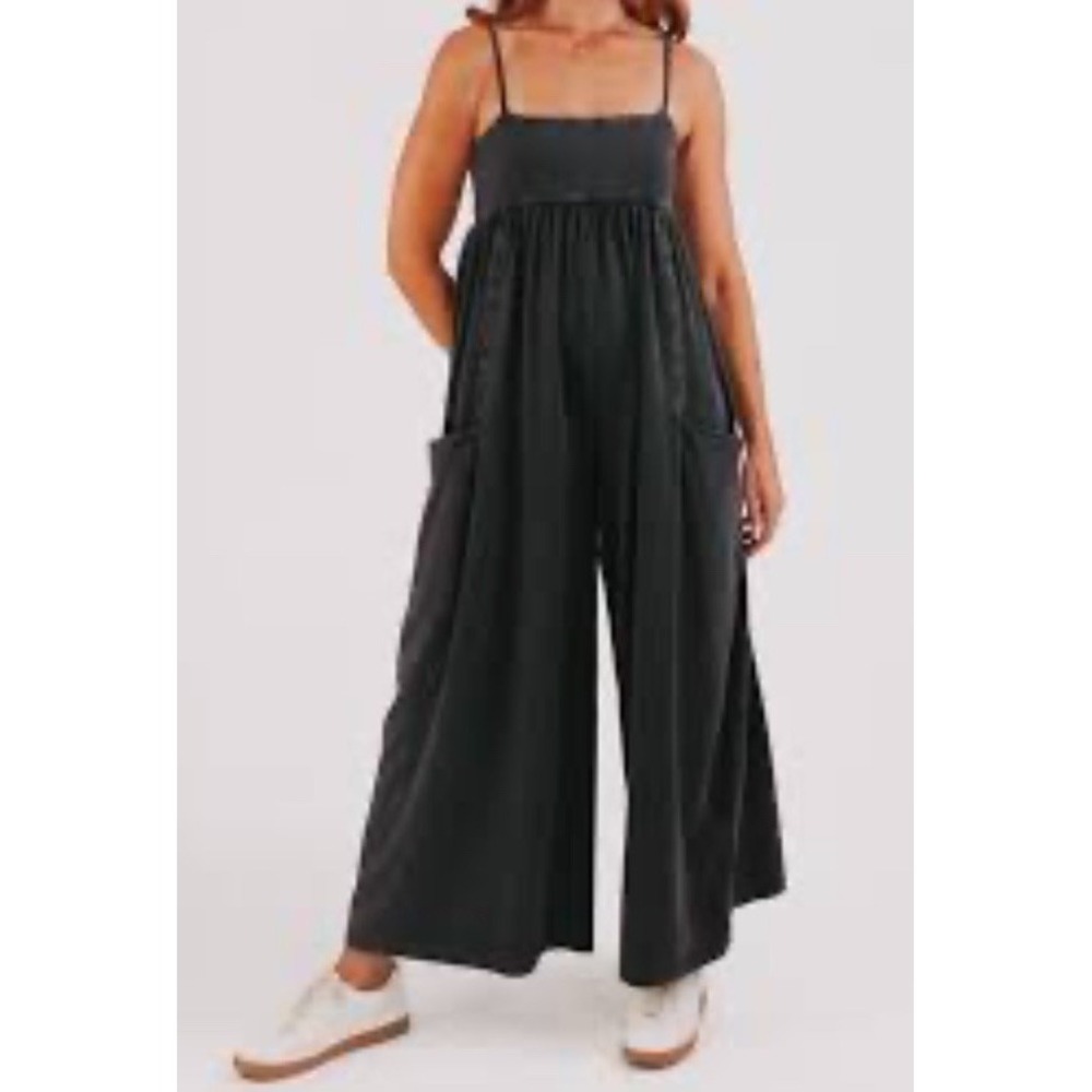 Free People Hot Shot Strappy XS Black Wide Leg Jumpsuit Pockets